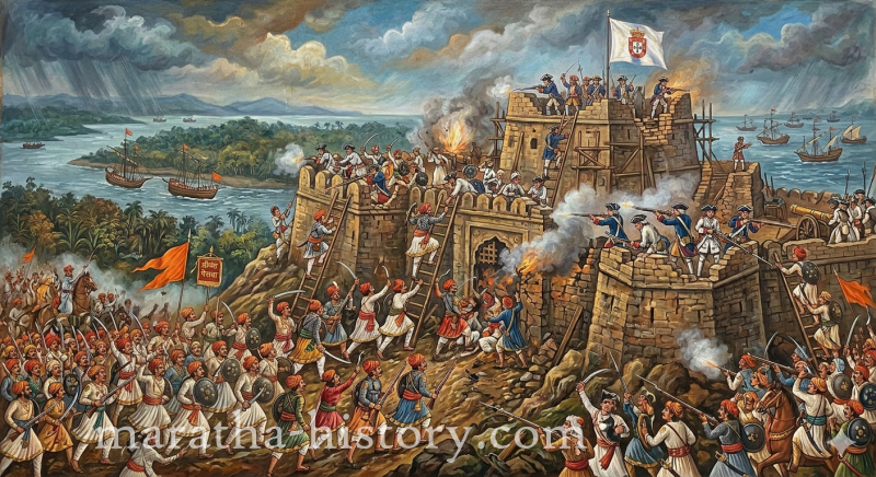Maratha army stormed and captured the half completed Portuguese fortress at Thane and took control of Salsette island